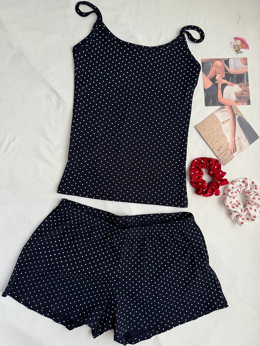 Navy Dot Ribbed Shorts Sets Wo - Tank Top Ribbed บทวิจารณ์และราคา