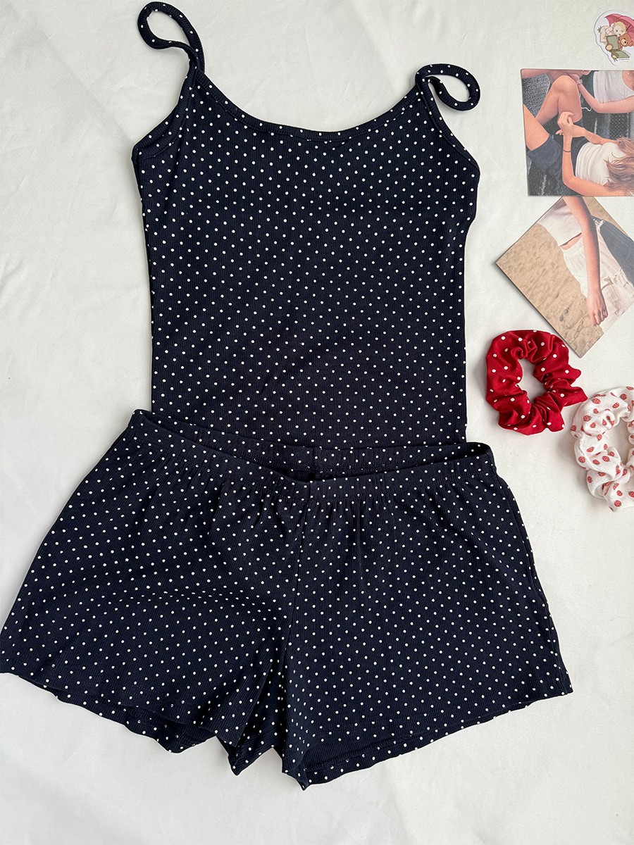 Navy Dot Ribbed Shorts Sets Wo - Tank Top Ribbed บทวิจารณ์และราคา